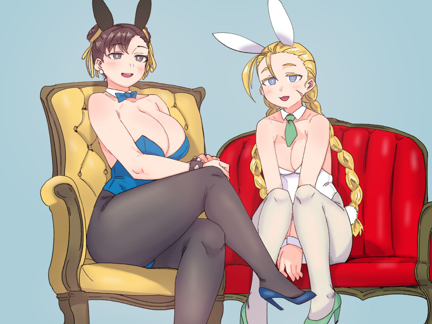 2girls alternate_costume animal_ears blue_background breasts cammy_white capcom chun-li highres large_breasts leotard looking_at_viewer multiple_girls open_mouth playboy_bunny rabbit_ears sexybeam sitting small_breasts street_fighter