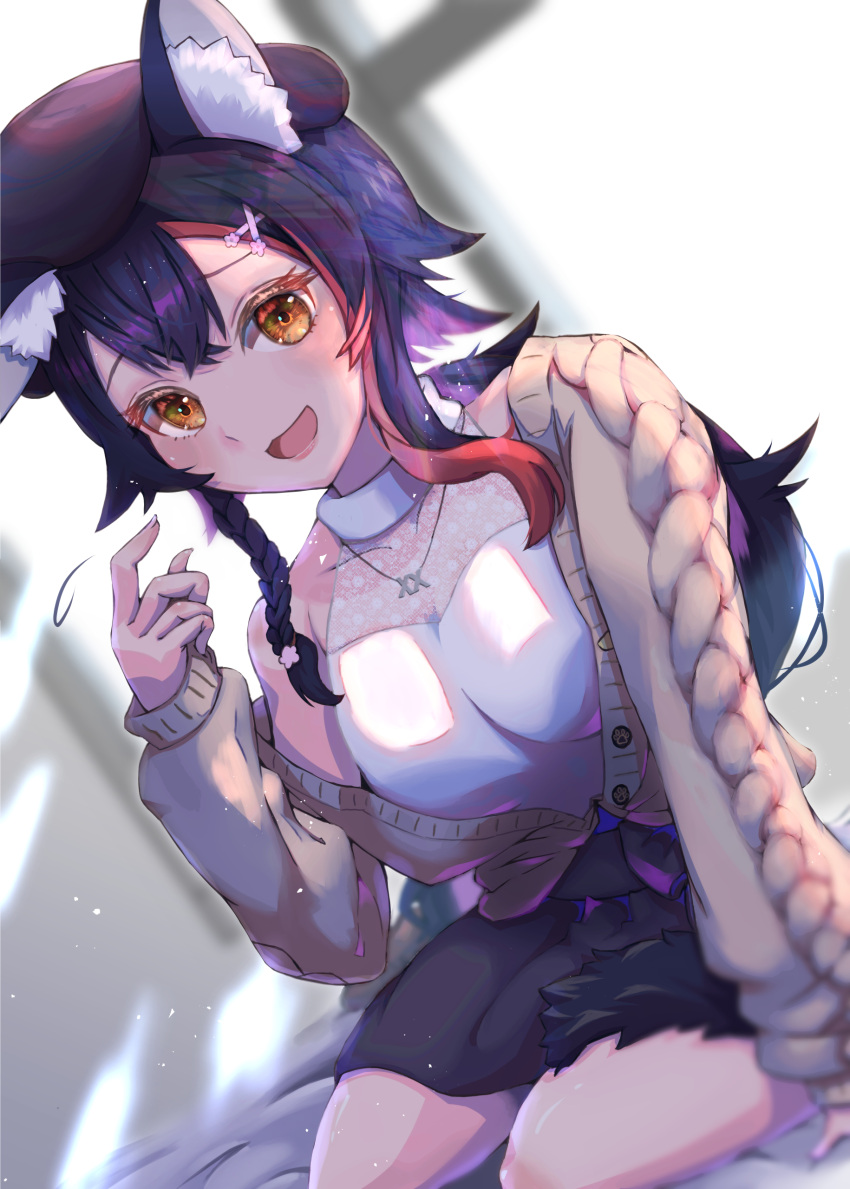 1girl absurdres animal_ear_fluff animal_ears bangs black_hair blush breasts embarrassed eyebrows_visible_through_hair finger_to_face hair_between_eyes hair_ornament hairclip highres hololive hololive_gamers jewelry long_hair looking_at_viewer mihaeru multicolored_hair necklace ookami_mio open_mouth redhead sitting smile solo streaked_hair sweatdrop tail virtual_youtuber wolf_ears wolf_girl wolf_tail yellow_eyes