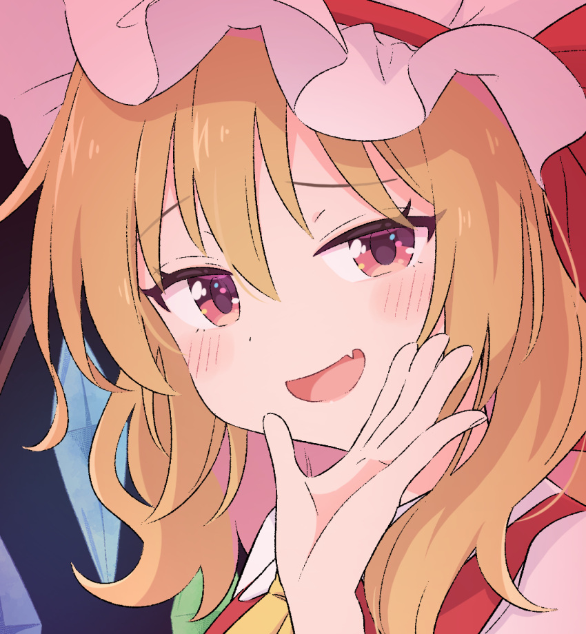 1girl :d ascot bangs black_background blonde_hair blush bow cropped eyebrows_visible_through_hair face fang flandre_scarlet gradient gradient_background haruki_reimari hat heart long_hair looking_at_viewer mob_cap open_mouth portrait puffy_short_sleeves puffy_sleeves red_eyes red_ribbon red_skirt red_vest ribbon shirt short_sleeves skin_fang skirt skirt_set smile solo touhou vest white_headwear white_shirt wings
