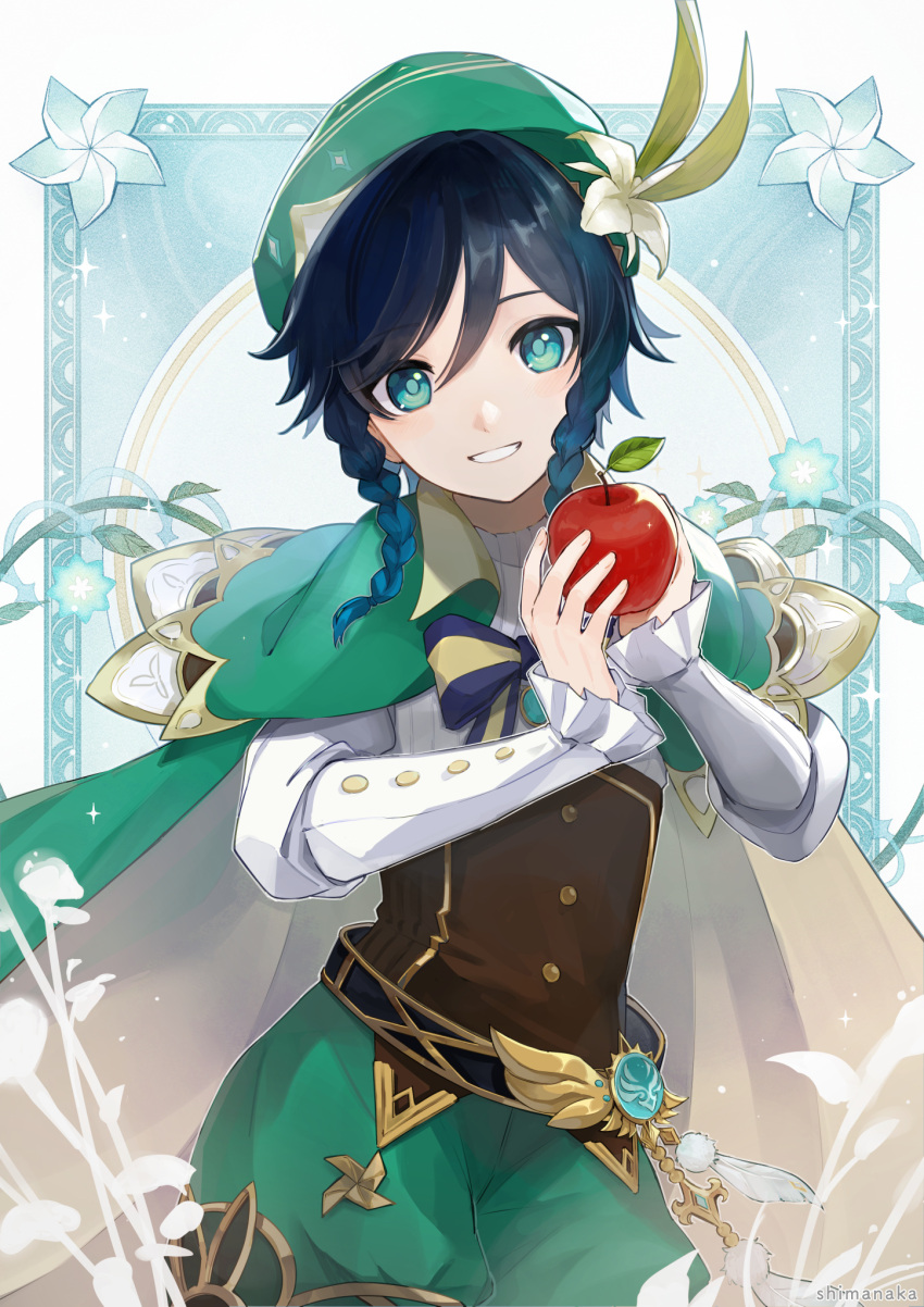 1boy androgynous apple bangs beret black_hair blue_hair bow bowtie braid cape collared_cape commentary_request corset cowboy_shot flower food frilled_sleeves frills fruit genshin_impact gradient_hair green_cape green_eyes green_headwear hair_ornament hat hat_flower highres holding holding_food long_sleeves looking_at_viewer male_focus multicolored_clothes multicolored_hair shimanakao_(shimanaka_sushi) short_hair_with_long_locks simple_background smile solo teeth twin_braids venti_(genshin_impact) white_flower
