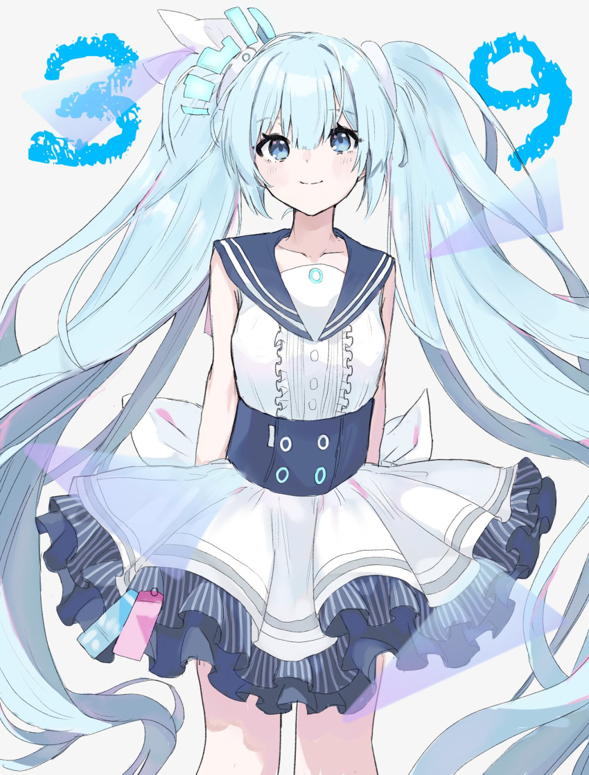 1girl 39 back_bow blue_archive blue_eyes blue_hair bow closed_mouth commentary_request frilled_skirt frills hair_bow haru_brac1 hatsune_miku high-waist_skirt highres long_hair shirt skirt sleeveless sleeveless_shirt smile solo twintails very_long_hair vocaloid white_bow white_shirt white_skirt