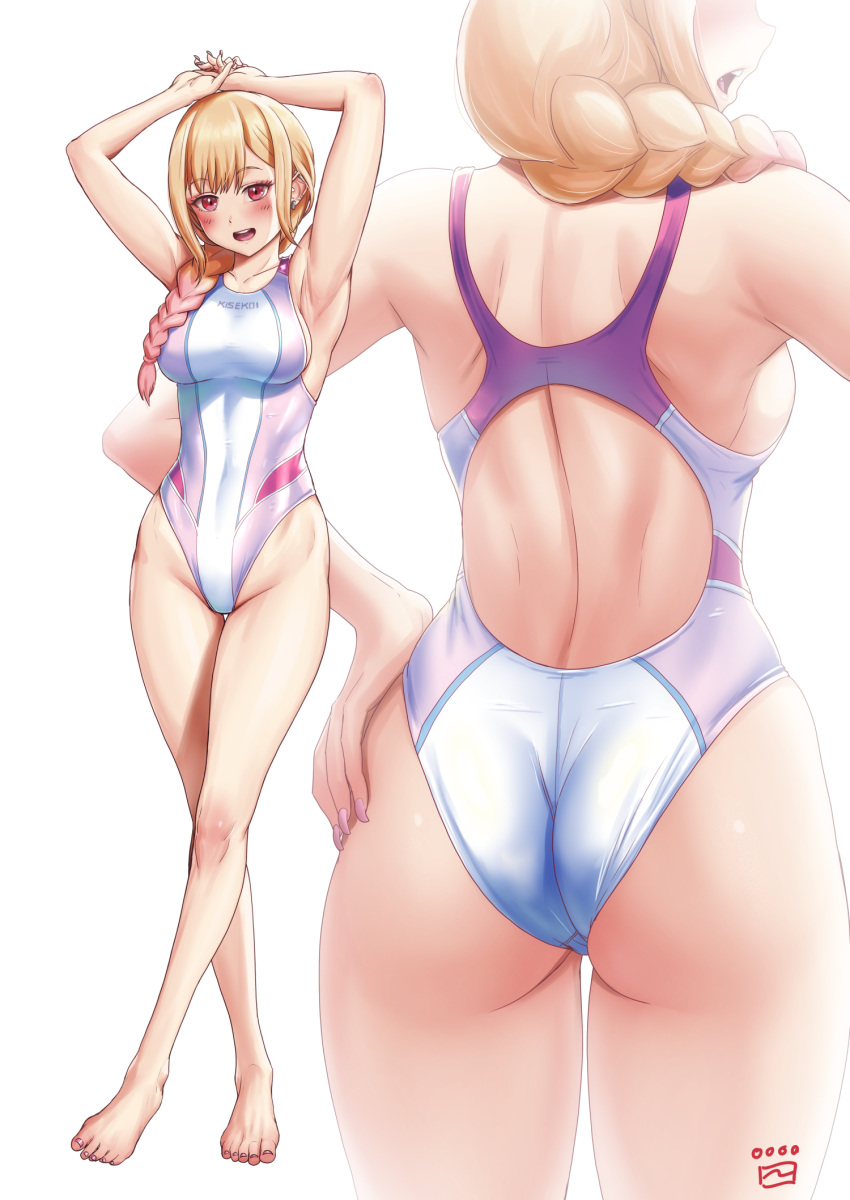 1girl armpits arms_behind_head ass bangs barbell_piercing bare_arms bare_legs barefoot blonde_hair blush braid breasts commentary_request competition_swimsuit covered_navel ear_piercing earrings finalcake from_behind full_body gradient_hair groin gyaru hand_on_hip highleg highleg_swimsuit highres jewelry kitagawa_marin large_breasts long_hair medium_breasts multicolored_clothes multicolored_hair multicolored_swimsuit nail_polish one-piece_swimsuit open_mouth piercing red_eyes redhead simple_background single_braid solo sono_bisque_doll_wa_koi_wo_suru standing swept_bangs swimsuit white_background white_swimsuit zoom_layer