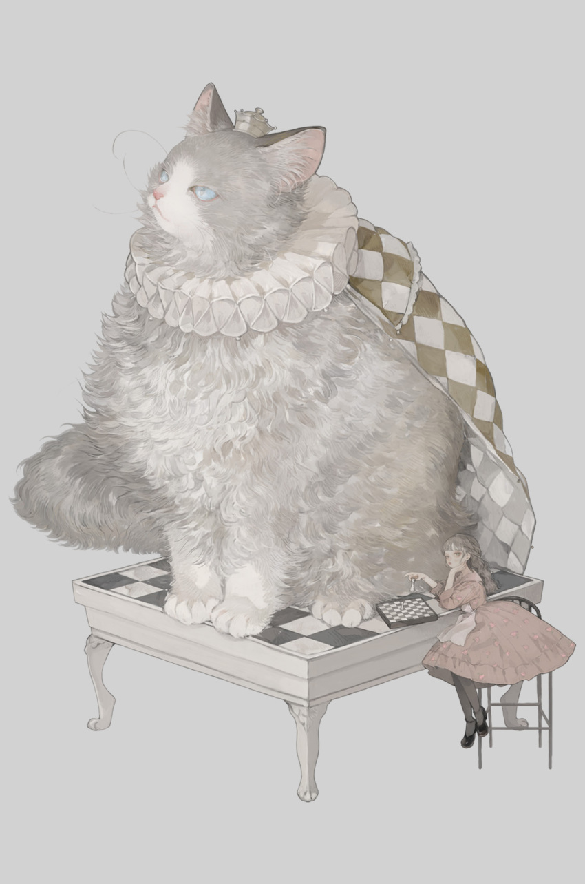 1girl animal apron bangs black_footwear blue_eyes blunt_bangs brown_hair cape cat chair checkered_cape chess_piece chessboard collar commentary crown dress elbow_rest frilled_collar frilled_dress frills grey_background head_rest highres holding_chess_piece long_hair mini_crown nekosuke_(oxo) original oversized_animal pantyhose pink_dress shoes simple_background sitting symbol-only_commentary table wavy_hair white_apron