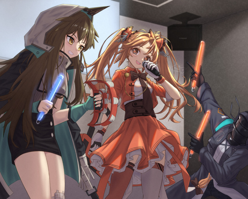 1other 2girls :d ambiguous_gender arknights black_bow black_bowtie black_coat black_gloves black_necktie black_skirt blush bow bowtie brown_hair coat collared_jacket cowboy_shot cropped_jacket doctor_(arknights) eyebrows_visible_through_hair feather_hair gloves glowstick highres holding holding_glowstick holding_instrument holding_microphone hood hood_up hooded_coat indoors instrument jacket kafka_(arknights) karaoke knee_pads long_hair long_sleeves looking_at_viewer mask microphone multiple_girls music necktie open_clothes open_jacket open_mouth orange_eyes orange_hair orange_jacket orange_legwear orange_skirt pinecone_(arknights) pinecone_(sing_a_song)_(arknights) shironekoban shirt short_sleeves singing single_knee_pad skirt smile teeth thigh-highs twintails upper_teeth very_long_hair white_gloves white_legwear white_shirt yellow_eyes