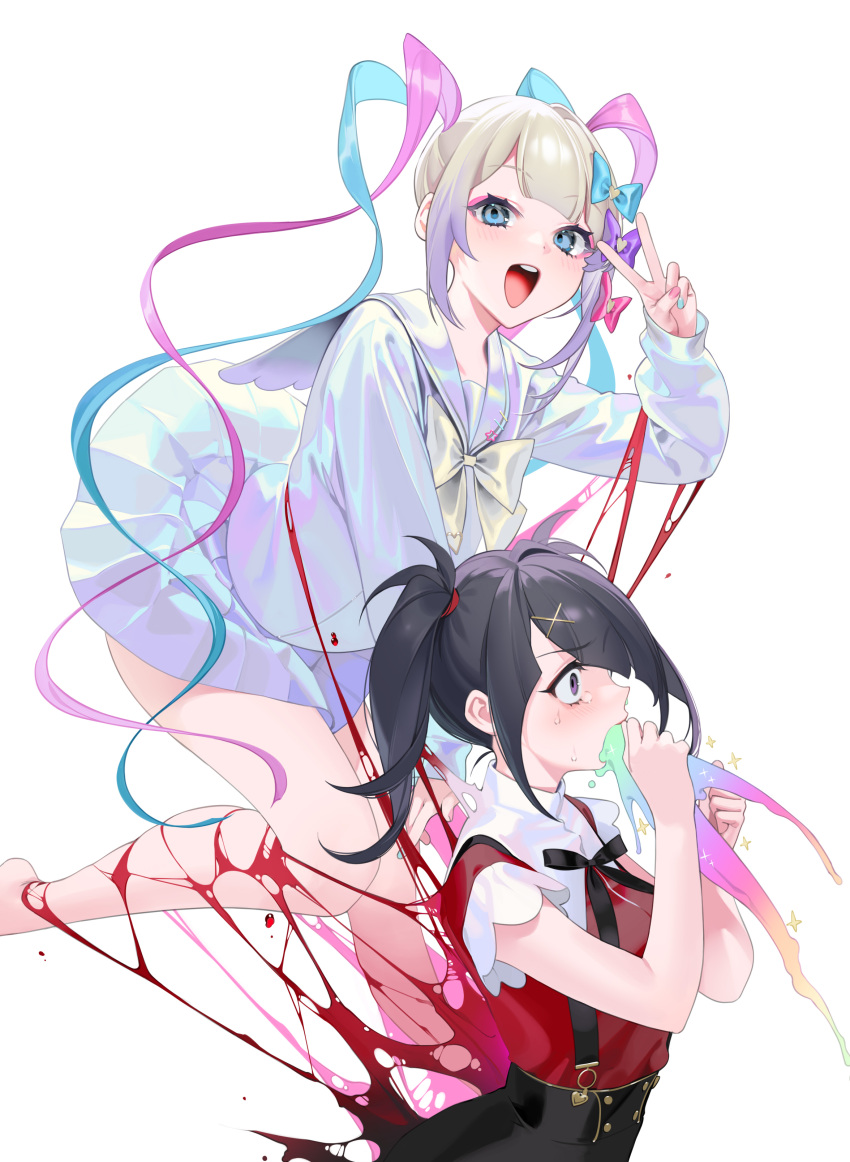 2girls ;d absurdres ame-chan_(needy_girl_overdose) barefoot black_hair black_ribbon blood blue_eyes blue_hair blush bow chouzetsusaikawa_tenshi-chan collared_shirt commentary_request cross_hair_ornament eyebrows_visible_through_hair eyeshadow from_side hair_ornament highres holographic_clothing iridescent long_hair long_sleeves makeup multicolored_hair multicolored_nails multiple_girls nail_polish neck_ribbon needy_girl_overdose official_art ohisashiburi one_eye_closed open_mouth pastel_colors pink_eyeshadow pink_hair quad_tails ribbon sailor_collar school_uniform selfcest shirt short_sleeves simple_background skirt smile star_(symbol) suspender_skirt suspenders sweat sweatdrop tears teeth twintails vomiting_blood vomiting_rainbows