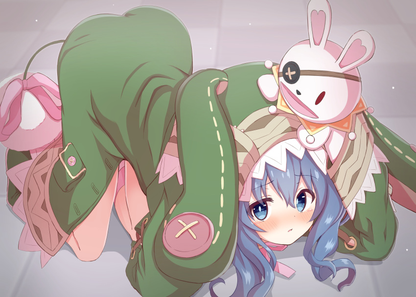 1girl absurdres all_fours animal_ears animal_hood artina ass blue_eyes blue_hair blush boots coat cowering date_a_live eyepatch fake_animal_ears green_coat green_footwear hand_puppet hands_on_own_head highres hood long_hair puppet rabbit_ears sleeves_past_wrists solo yoshino_(date_a_live) yoshinon