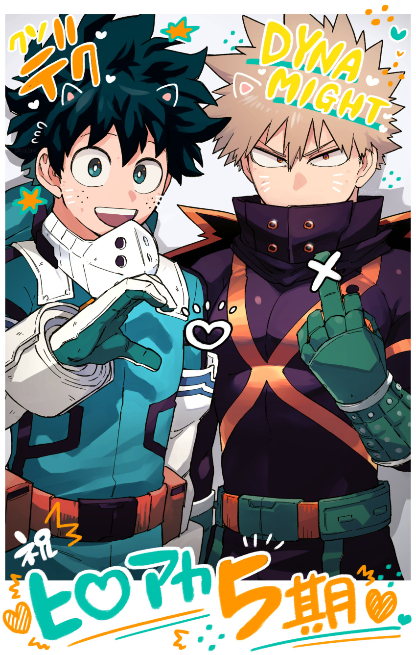 2boys absurdres bakugou_katsuki bangs belt blonde_hair boku_no_hero_academia censored_gesture character_name costume drawn_ears drawn_whiskers flying_sweatdrops freckles gauntlets gloves green_eyes green_hair green_jumpsuit heart heart_hands heart_hands_failure highres hood hood_down jumpsuit male_focus mask mask_around_neck mask_removed middle_finger midoriya_izuku mouth_mask multiple_boys polaroid red_eyes short_hair skin_tight spiky_hair translation_request twitter_username utility_belt v-shaped_eyebrows white_gloves x yazakc