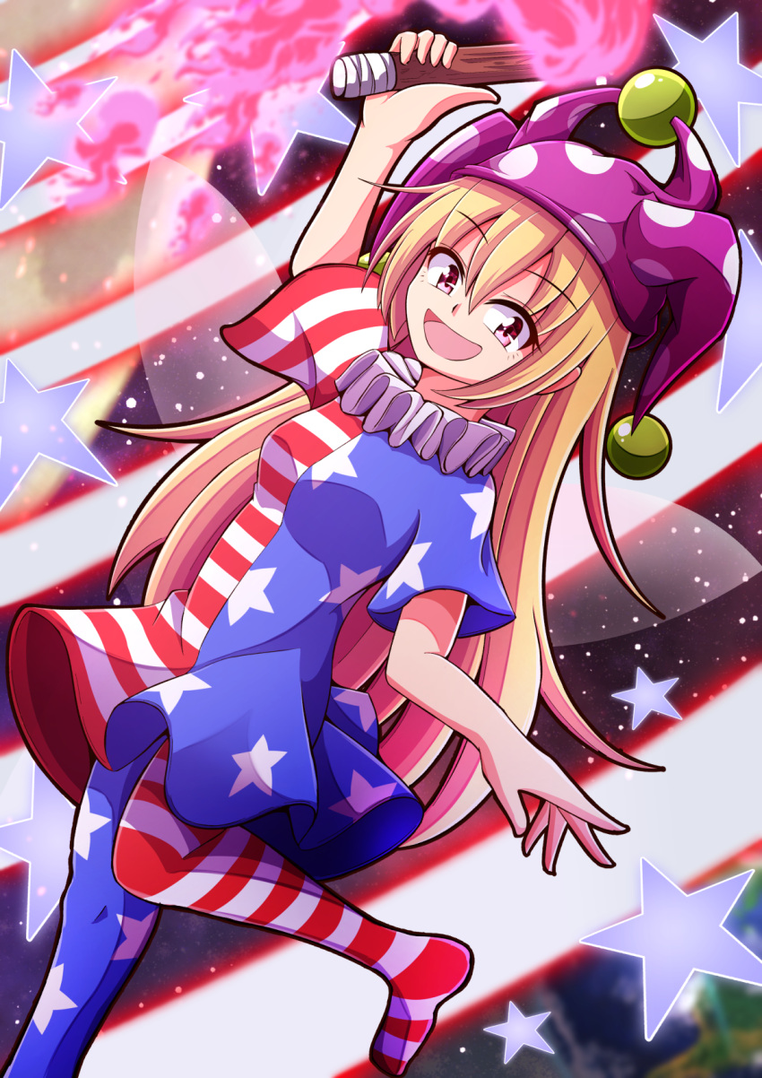 1girl american_flag_dress american_flag_pants aospanking arm_up bangs black_sky blonde_hair breasts clownpiece danmaku dress eyebrows_visible_through_hair fairy_wings fire hair_between_eyes hand_up hat highres holding holding_torch jester_cap laser leg_up long_hair looking_at_viewer medium_breasts moon neck_ruff night night_sky no_shoes open_mouth pants pink_eyes pink_fire pink_headwear polka_dot short_sleeves sky smile solo space spell_card standing standing_on_one_leg star_(sky) star_(symbol) star_print starry_sky striped striped_dress striped_pants torch touhou wings