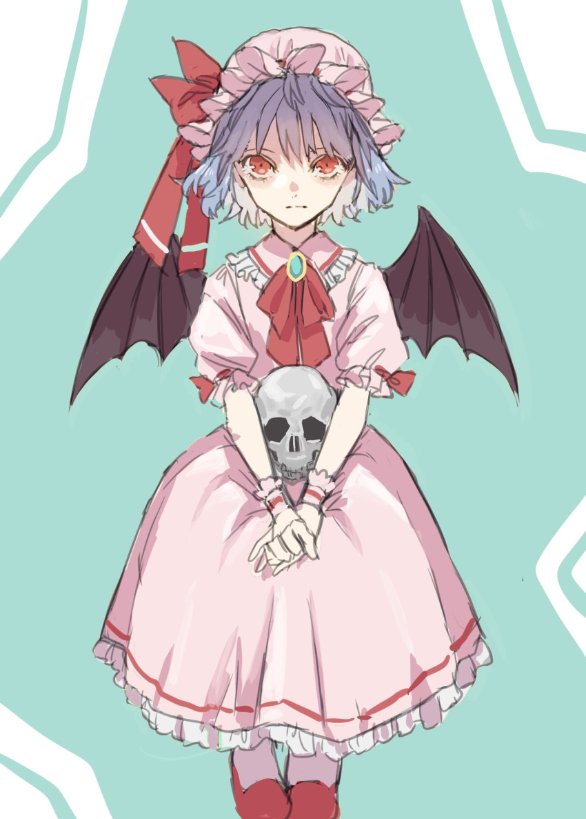 1girl ascot bat_wings brooch dress hat hat_ribbon highres jewelry looking_at_viewer mob_cap nanasuou puffy_short_sleeves puffy_sleeves red_eyes remilia_scarlet ribbon short_hair short_sleeves simple_background skirt skirt_set solo touhou white_background wings wrist_cuffs