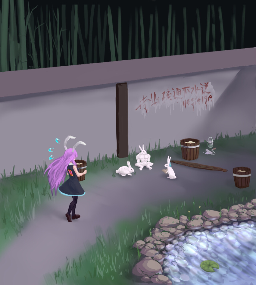 1girl animal_ears bamboo bamboo_forest bucket cookie_(touhou) forest grass highres lily_pad nature paint paint_roller pond purple_hair rabbit rabbit_ears rabbit_tail reisen_udongein_inaba stone tail tongjm touhou translation_request wall water white_hair writing writing_on_wall