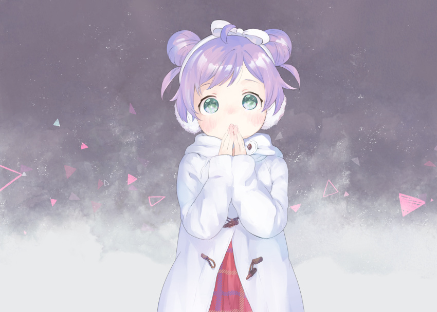 1girl abstract_background ahoge blush bow coat covering_mouth double_bun earmuffs green_eyes highres long_sleeves looking_at_viewer machico manaka_lala nose_blush own_hands_together palms_together pretty_(series) pripara purple_hair shiny shiny_hair short_hair solo tareme triangle upper_body white_bow white_coat