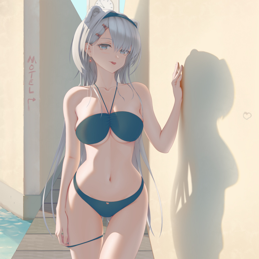 1girl animal_ears arknights arm_at_side aurora_(arknights) bangs bear_ears bikini blue_bikini blue_eyes blue_hairband breasts clock clock_tower collarbone commentary_request day earrings eureka7_(moe_rin) grey_hair hairband hand_up heart heart-shaped_pupils highres jewelry large_breasts long_hair looking_at_viewer navel outdoors petals shadow skindentation solo standing stomach swimsuit symbol-shaped_pupils tongue tongue_out tower very_long_hair water