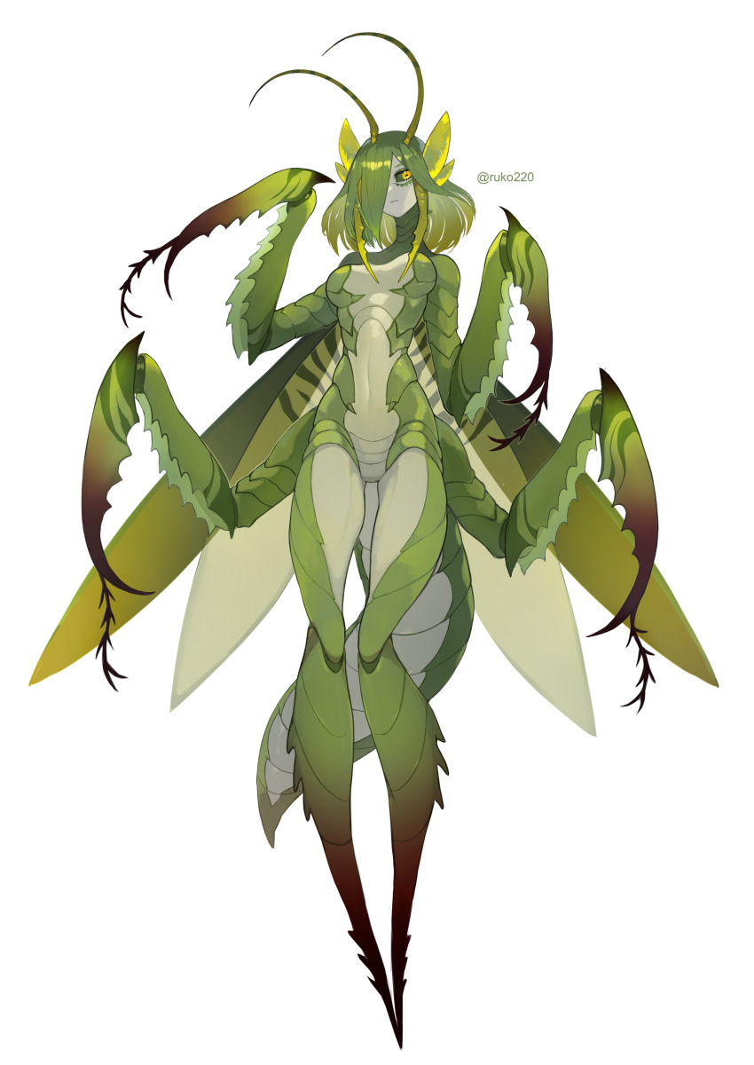 1girl absurdres antennae arthropod_girl breasts carapace claws colored_sclera colored_skin commentary_request extra_arms full_body green_hair green_sclera green_skin hair_over_one_eye highres insect_wings looking_at_viewer mantis_girl medium_breasts medium_hair monster_girl navel no_feet original ruteko_(ruko220) solo square_pupils white_background wings yellow_eyes