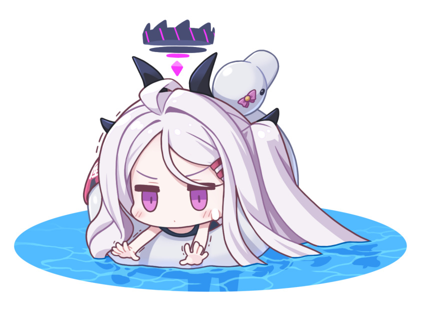 1girl bangs blue_archive blue_swimsuit chibi commentary_request demon_girl demon_horns forehead hair_ornament hairclip hina_(blue_archive) horns lifebuoy long_hair looking_at_viewer ran_system school_swimsuit sidelocks simple_background solo struggling sweat swimming swimsuit violet_eyes white_hair