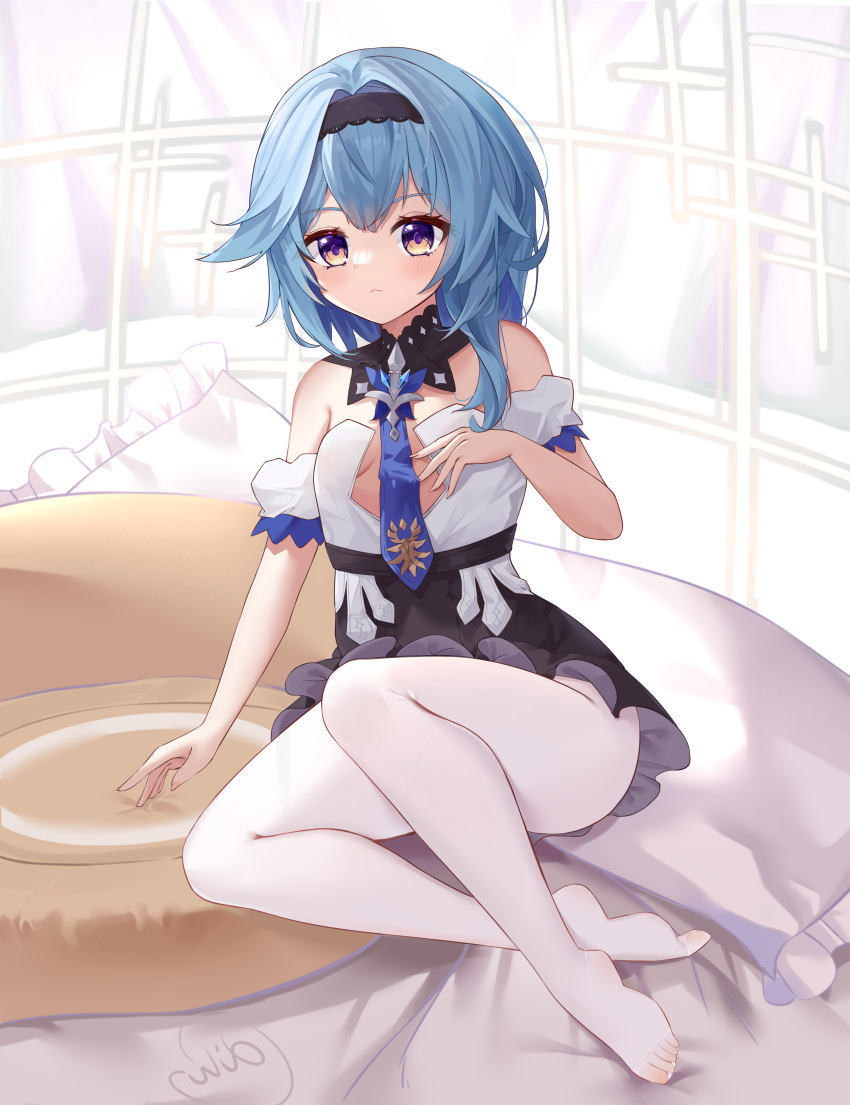 1girl absurdres bare_shoulders blue_hair blue_necktie blush breasts detached_collar dress eula_(genshin_impact) feet full_body genshin_impact hairband highres necktie pantyhose small_breasts toes white_dress white_legwear younger zehibile