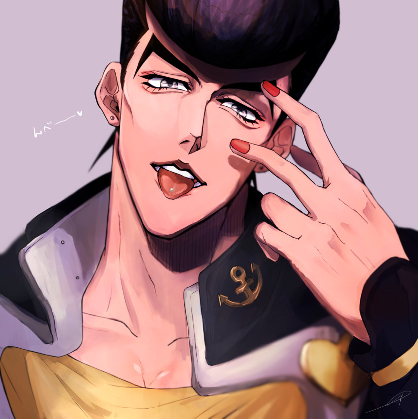 1boy :p anchor_symbol black_hair diamond_wa_kudakenai earrings gakuran grey_eyes higashikata_josuke highres hospital_0434 jewelry jojo_no_kimyou_na_bouken male_focus nail_polish pompadour red_nails school_uniform solo tongue tongue_out v_over_eye