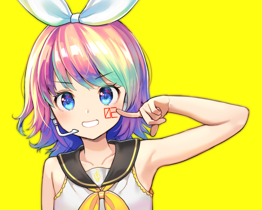 1girl armpits blue_eyes blush commentary_request dot_nose eyebrows_visible_through_hair finger_to_cheek hair_ribbon headphones kagamine_rin looking_at_viewer multicolored_hair nishizawa rainbow_hair ribbon shiny shiny_hair short_hair smile vocaloid white_ribbon yellow_background