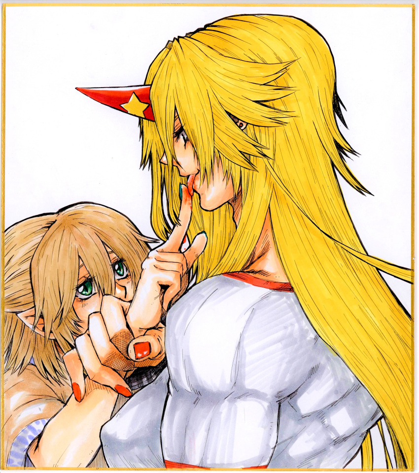 2girls absurdres bangs blonde_hair blood blush brown_shirt commentary_request green_eyes green_nails hair_between_eyes half_updo highres holding_another's_wrist horns hoshiguma_yuugi licking licking_blood licking_finger long_hair looking_at_another matsuri_kyuuta mizuhashi_parsee multiple_girls open_mouth pointy_ears red_horns red_nails shirt short_hair short_sleeves simple_background single_horn smile star_(symbol) touhou traditional_media upper_body white_background