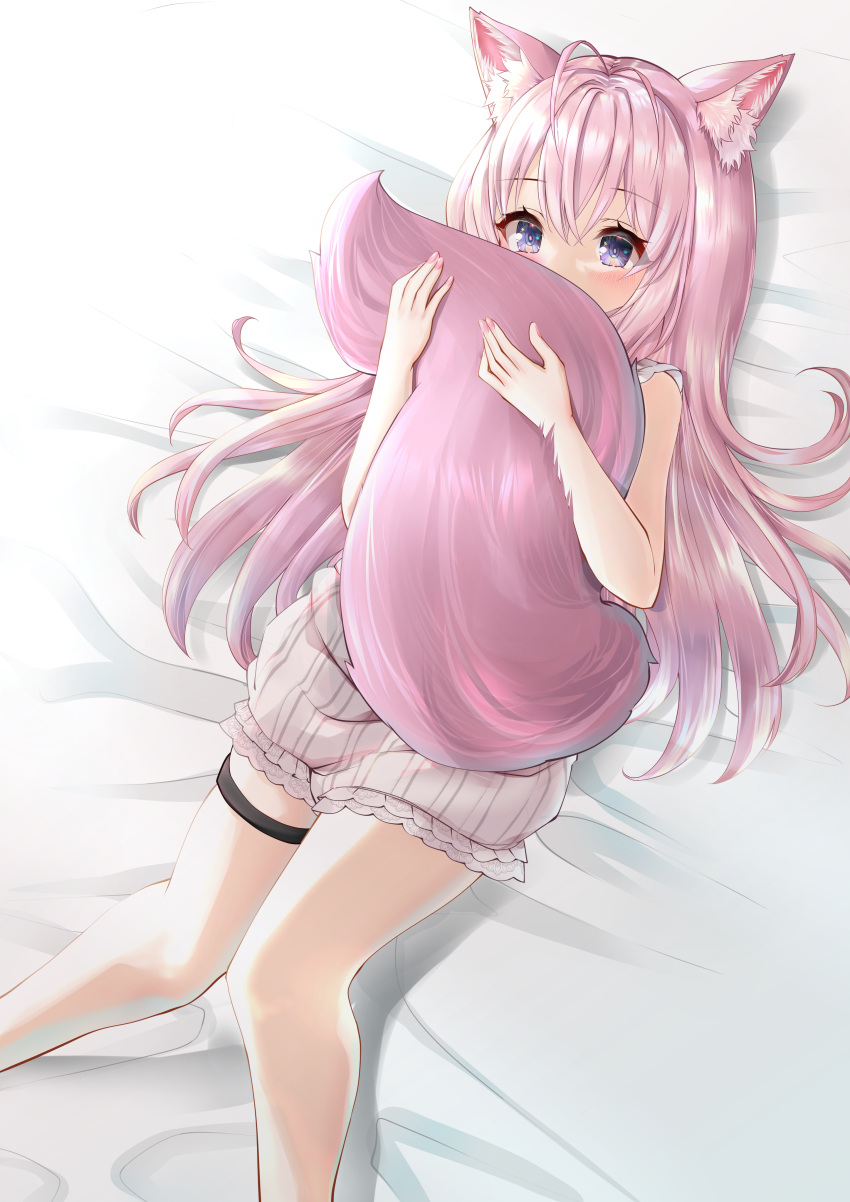 1girl absurdres ahoge animal_ear_fluff animal_ears bed blue_eyes covering_mouth coyote_ears coyote_girl coyote_tail dress hakui_koyori highres holding_tail hololive knees_together_feet_apart legs long_hair looking_at_viewer lying memeri nail_polish nightgown on_back pink_hair short_dress sleeveless sleeveless_dress solo tail thigh_strap thighs virtual_youtuber white_dress white_nightgown