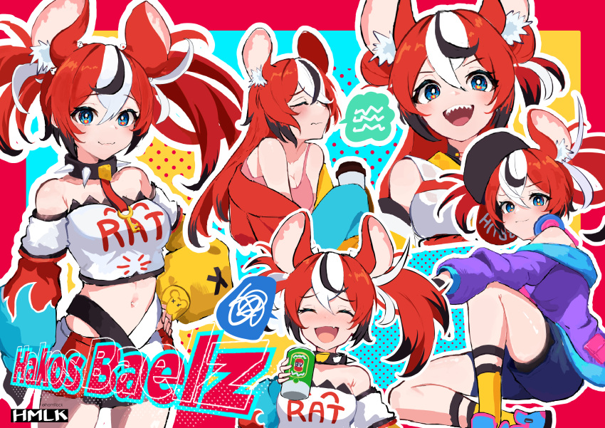 1girl absurdres alternate_costume animal_ear_fluff animal_ears artist_name asymmetrical_hair baseball_cap black_hair blue_eyes blue_shorts breasts can character_name cheese closed_mouth collar colored_tips crop_top dice_hair_ornament double_bun english_commentary fangs food hair_down hair_ornament hakos_baelz hamllock hand_on_hip hat headphones headphones_around_neck highres holding holding_can hololive hololive_english medium_breasts miniskirt mouse_ears mouse_girl multicolored_background multicolored_hair multiple_views off_shoulder open_mouth pink_tank_top purple_sweater redhead sharp_teeth shirt shorts signature skirt speech_bubble spiked_collar spikes streaked_hair sweater tank_top teeth twintails white_hair white_shirt
