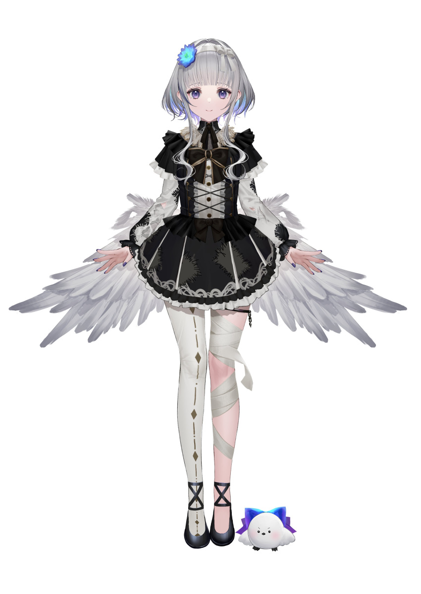 1girl absurdres bandages black_dress black_skirt dress full_body grey_wings highres looking_at_viewer low_wings official_art re:act short_hair simple_background skirt takubon usuwa_suu virtual_youtuber white_background white_feathers white_wings wings