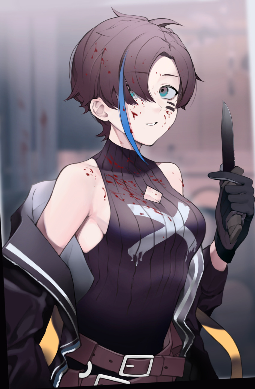 1girl absurdres belt black_gloves black_jacket black_sweater blood blood_on_clothes blood_on_face blue_eyes breasts brown_belt brown_hair cleavage_cutout clothing_cutout girls_frontline gloves hair_over_one_eye highres holding holding_knife holding_weapon jacket knife long_sleeves looking_at_viewer medium_breasts open_clothes open_jacket ribbed_sweater saiun_sigma short_hair sleeveless sleeveless_sweater solo sweater tec-9_(girls'_frontline) upper_body weapon