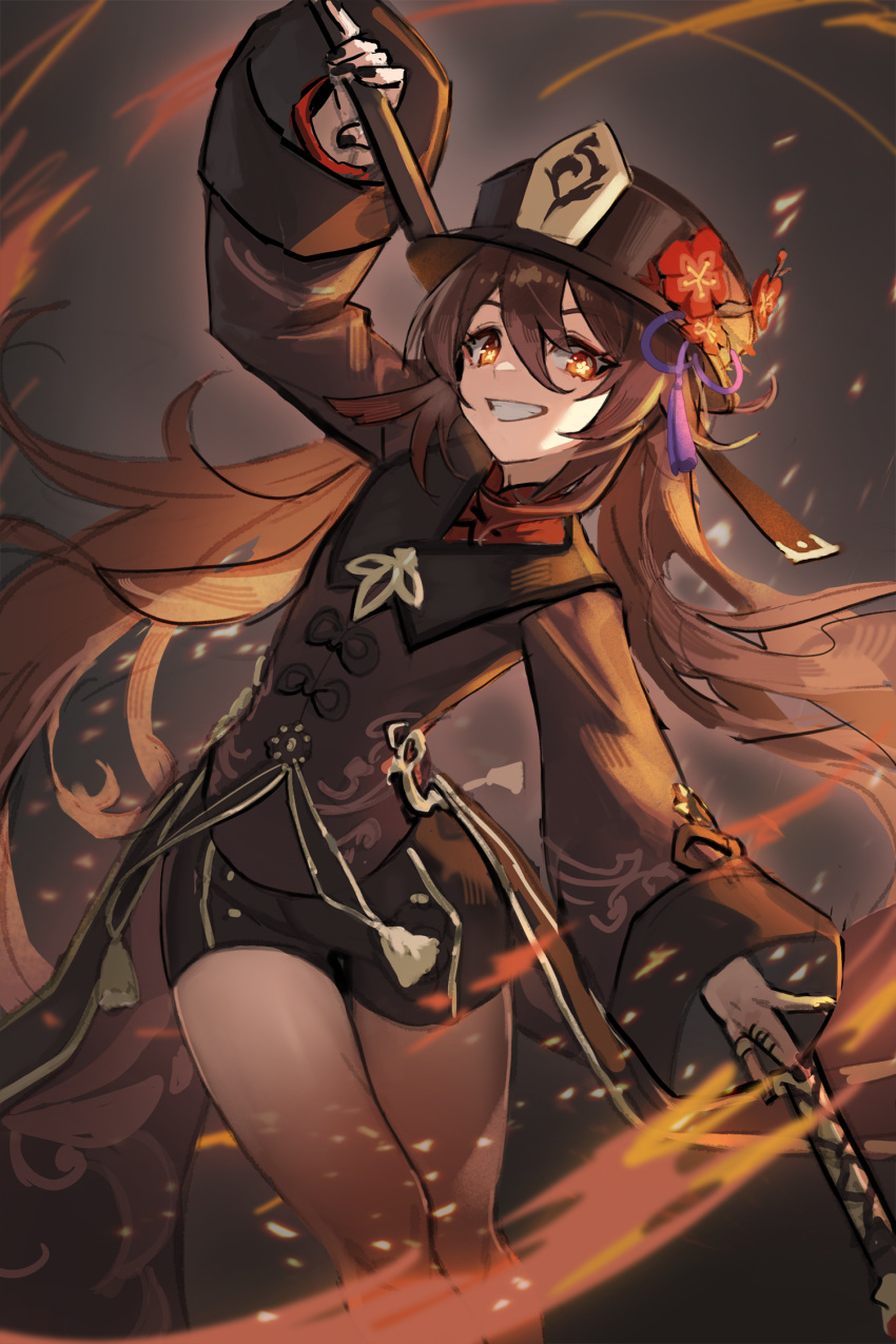 1girl brown_hair f.k_(hs225kr) fire genshin_impact hat highres hu_tao_(genshin_impact) jewelry long_sleeves nail_polish polearm red_eyes ring short_shorts shorts smile solo symbol-shaped_pupils teeth thighs top_hat twintails weapon wide_sleeves