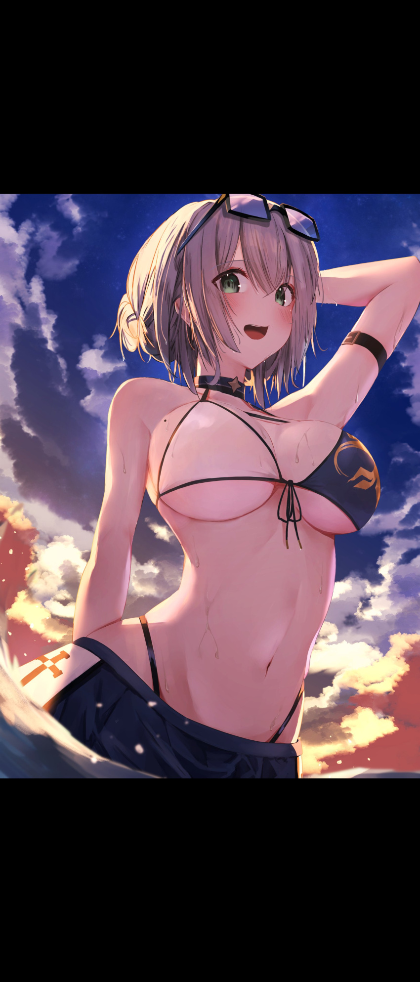 1girl absurdres armlet bangs blue_skirt breasts choker clouds commentary_request eyebrows_visible_through_hair eyewear_on_head from_below glasses green_eyes highres hololive large_breasts mikaku navel open_mouth outdoors partially_submerged shirogane_noel silver_hair skirt sky solo sunset swimsuit water