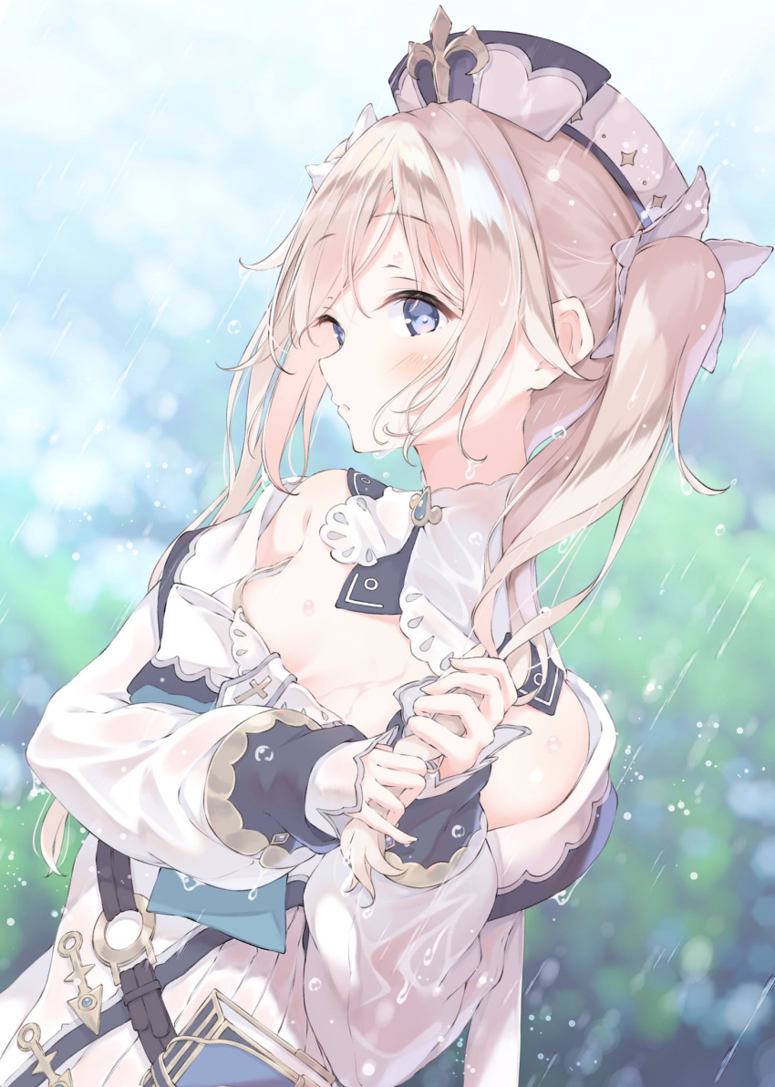 1girl barbara_(genshin_impact) blonde_hair blue_eyes blush cross dress eyebrows_visible_through_hair genshin_impact hair_ornament highres latin_cross looking_at_viewer looking_to_the_side outdoors rain solo tied_hair twintails ukiwakisen wet wet_clothes wet_hair white_dress white_headwear