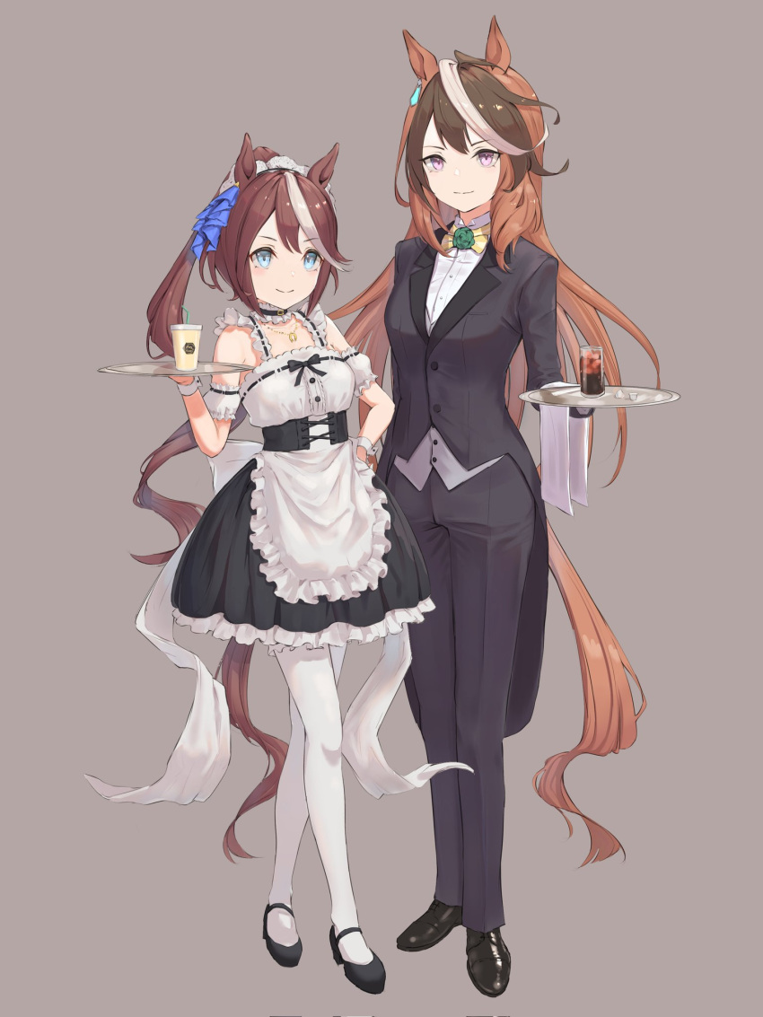 2girls animal_ears apron bangs black_footwear black_jacket black_pants blue_eyes brown_background brown_hair choker closed_mouth corset cup disposable_cup formal full_body hand_on_hip highres holding holding_tray horse_ears horse_girl horse_tail jacket jewelry loafers looking_at_viewer mary_janes multicolored_hair multiple_girls necklace pant_suit pants ponytail shirt shoes simple_background sleeveless sleeveless_shirt smile standing streaked_hair suit symboli_rudolf_(umamusume) tail tem_(tempainting1) tokai_teio_(umamusume) tray umamusume violet_eyes waist_apron white_legwear white_shirt wrist_cuffs