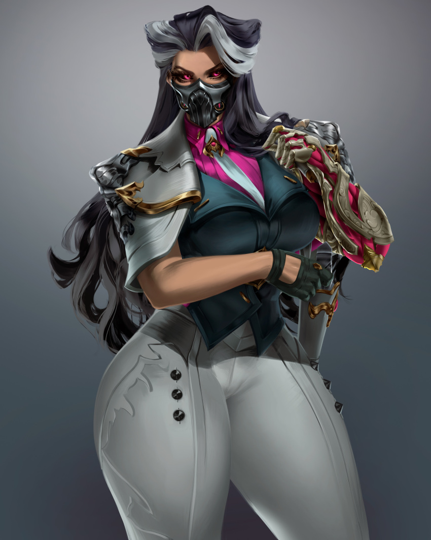 1girl absurdres black_sclera breasts collared_shirt colored_sclera curvy gun highres large_breasts league_of_legends long_hair looking_at_viewer mask mechanical_arms mouth_mask multicolored_hair necktie nyahabi2112 pink_eyes pink_shirt renata_(league_of_legends) shirt simple_background single_mechanical_arm solo solo_focus two-tone_hair weapon