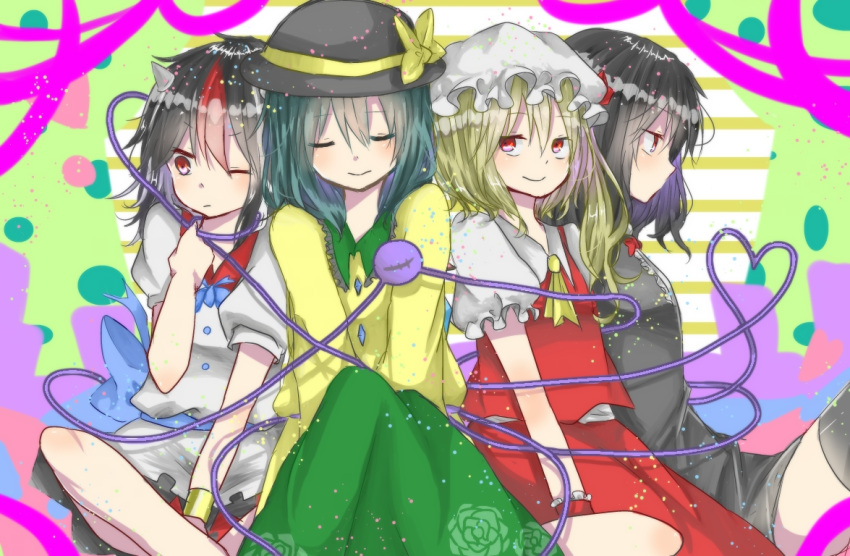 4girls ascot bangs black_dress black_hair black_headwear black_legwear blonde_hair bow bracelet closed_eyes closed_mouth dress eyebrows_visible_through_hair flandre_scarlet floral_print green_hair green_skirt hat hat_bow hat_ribbon heart heart_of_string horns houjuu_nue indian_style jewelry kijin_seija komeiji_koishi looking_at_viewer mob_cap multicolored_background multicolored_hair multiple_girls one_eye_closed one_side_up piboma puffy_short_sleeves puffy_sleeves red_eyes red_skirt red_vest redhead ribbon rose_print shirt short_hair short_sleeves sitting skirt smile streaked_hair thigh-highs third_eye touhou vest white_dress white_hair white_headwear white_shirt wrist_cuffs yellow_ascot yellow_bow yellow_shirt