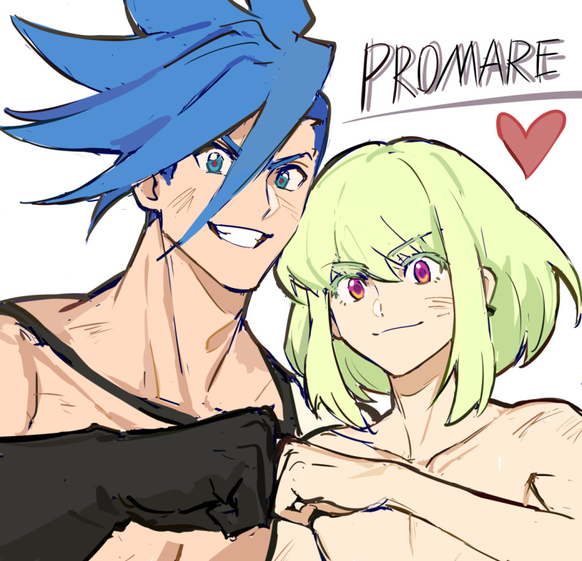 2boys androgynous black_gloves blue_eyes blue_hair collarbone copyright_name eyebrows_visible_through_hair fist_bump galo_thymos gloves green_eyes grin hanezo heart lio_fotia looking_at_viewer male_focus multiple_boys promare short_hair sidecut sidelocks simple_background smile spiky_hair topless_male violet_eyes white_background
