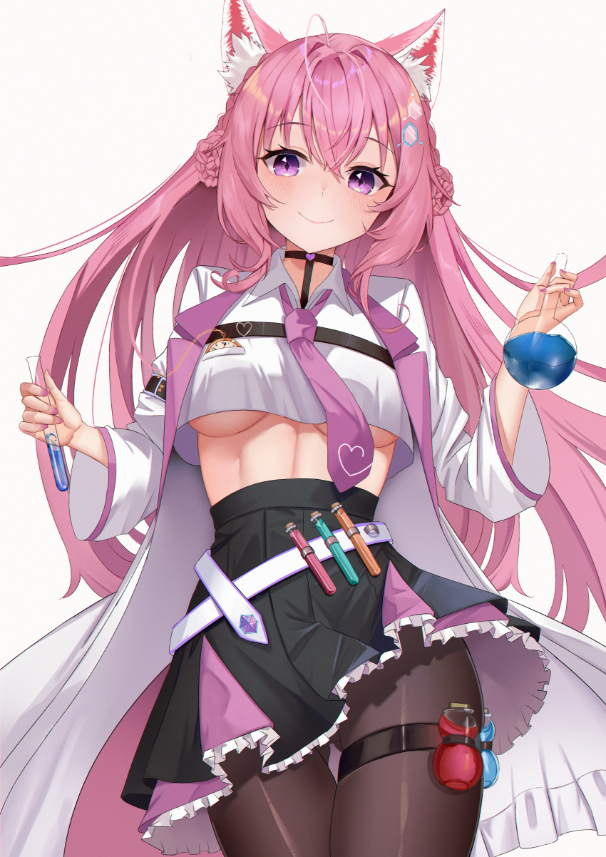 1girl absurdres ahoge animal_ear_fluff animal_ears ass_visible_through_thighs belt black_legwear black_skirt breasts coat coyote_ears coyote_girl coyote_tail double_bun hair_bun hair_ornament hakui_koyori highres hololive labcoat long_hair lookhow midriff navel pantyhose pink_eyes pink_hair pocket_watch shirt skirt smile solo tail test_tube thigh_gap thigh_strap thighs under_boob virtual_youtuber watch white_coat white_shirt wind wind_lift