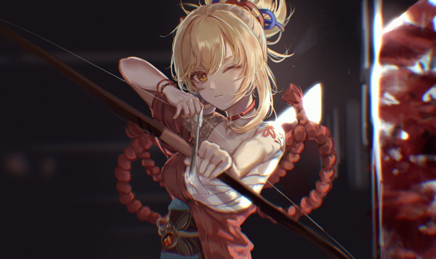 1girl aiming_at_viewer arrow_(projectile) bangs blonde_hair blurry blurry_foreground bow closed_mouth cocona_w collar collarbone commentary dark eyebrows_behind_hair genshin_impact hair_between_eyes hand_up highres japanese_clothes kimono looking_at_viewer medium_hair one_eye_closed orange_eyes orange_kimono red_collar sarashi solo vision_(genshin_impact) yoimiya_(genshin_impact)