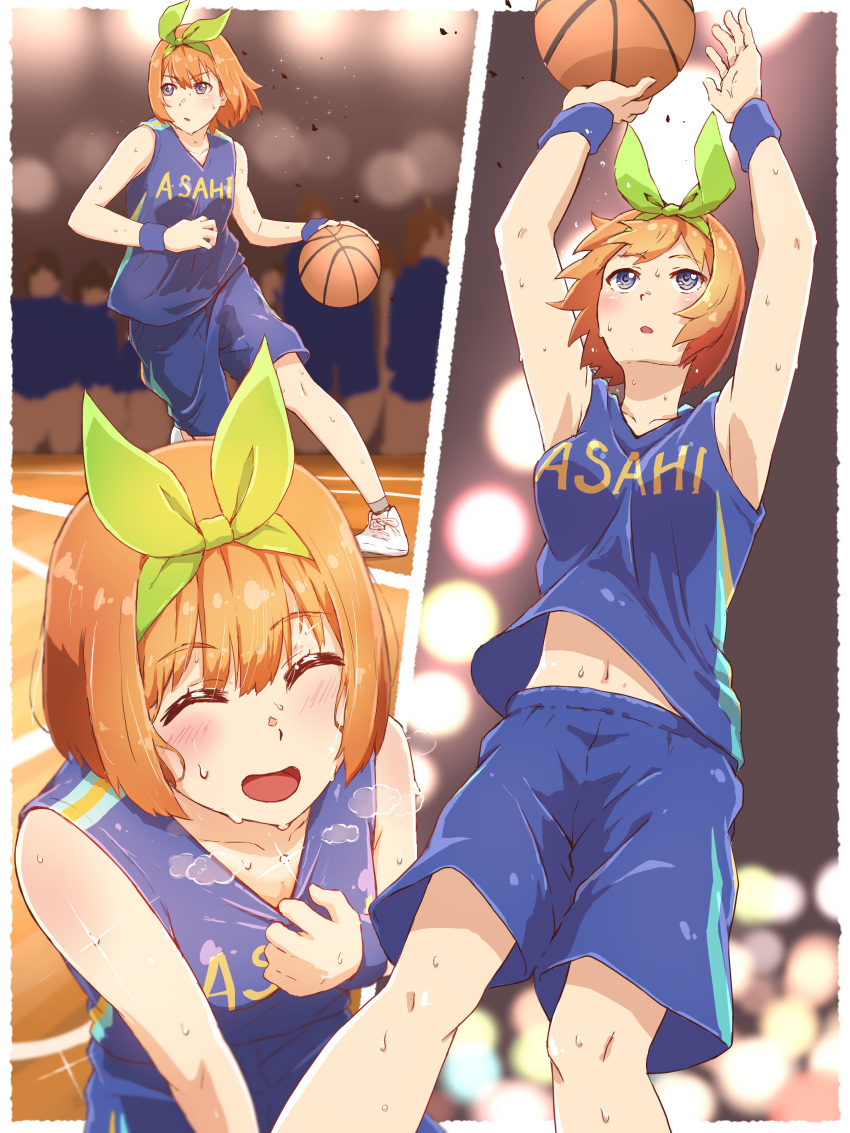 ^_^ absurdres arms_up bangs basketball basketball_uniform blue_shirt blue_shorts blunt_bangs border bow bow_hairband closed_eyes go-toubun_no_hanayome green_bow green_hairband hair_bow hairband highres midriff nakano_yotsuba navel open_mouth orange_hair shiny shiny_hair shirt shoes short_hair shorts sleeveless sleeveless_shirt sneakers sportswear stomach sweat white_border white_footwear wristband yuki_yuxtuke