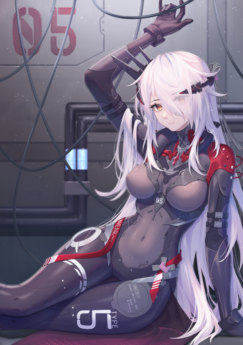 1girl absurdres arm_up black_bodysuit bodysuit breasts breasts_apart brown_eyes closed_mouth covered_navel eyes_visible_through_hair hair_over_one_eye headgear highres indoors kirby_d_a long_hair medium_breasts silver_hair sitting solo thigh_gap tower_of_fantasy very_long_hair