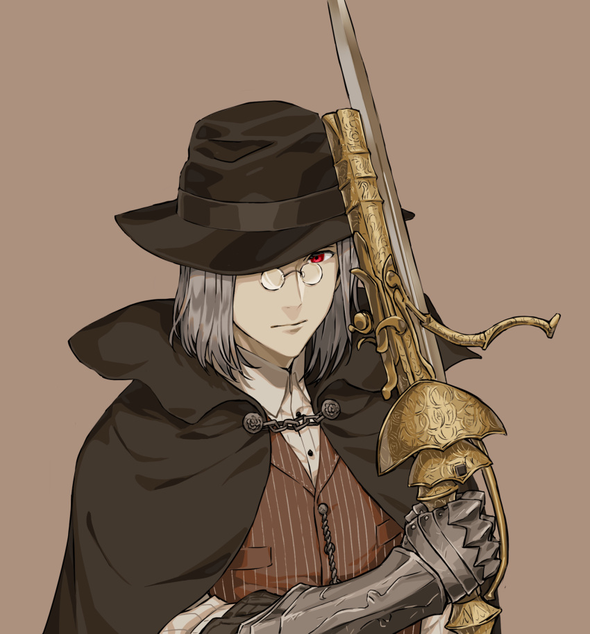 1boy arizuka_(catacombe) bloodborne brown_background brown_cape brown_headwear brown_vest cape closed_mouth dress_shirt gauntlets glasses hat highres holding holding_sword holding_weapon looking_at_viewer red_eyes shirt simple_background solo striped striped_vest sword upper_body vest weapon white_shirt