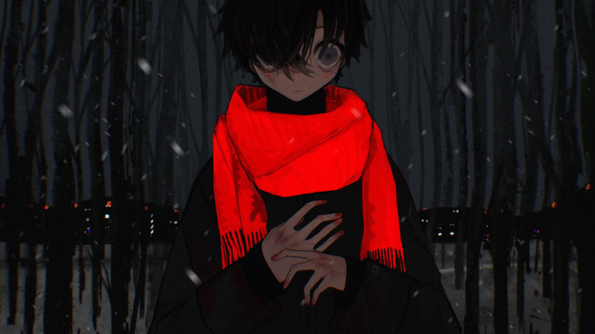1boy bangs bare_tree black_hair black_jacket black_shirt blood blood_on_hands blue_eyes city commentary_request cuts forest hair_over_one_eye highres injury jacket looking_at_viewer male_focus nature night original red_scarf saniiiwan scarf scratches shirt short_hair snow snowing solo tree turtleneck upper_body