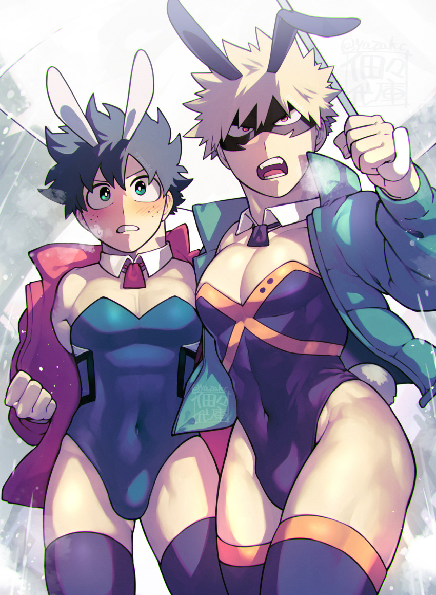 2boys absurdres animal_costume animal_ears bakugou_katsuki bangs black_leotard blonde_hair blush boku_no_hero_academia breath bunny_costume costume cowboy_shot eye_mask freckles green_eyes green_hair green_leotard highleg highleg_leotard highres jacket leotard male_focus midoriya_izuku multiple_boys necktie pectoral_cleavage pectorals playboy_bunny rabbit_ears rabbit_tail rain red_eyes short_hair short_necktie signature skin_tight spiky_hair tail thigh-highs twitter_username umbrella v-shaped_eyebrows wing_collar yazakc