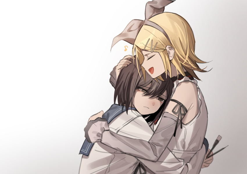 25-ji_night_code_de._(project_sekai) 2girls absurdres bangs blonde_hair bow brown_eyes brown_hair closed_eyes comforting detached_sleeves eyebrows_visible_through_hair hair_between_eyes hair_bow hair_ornament hair_ribbon hairclip highres hug kagamine_rin long_sleeves multiple_girls musical_note namgic project_sekai ribbon sad school_uniform shinonome_ena short_hair tearing_up upper_body vocaloid white_background