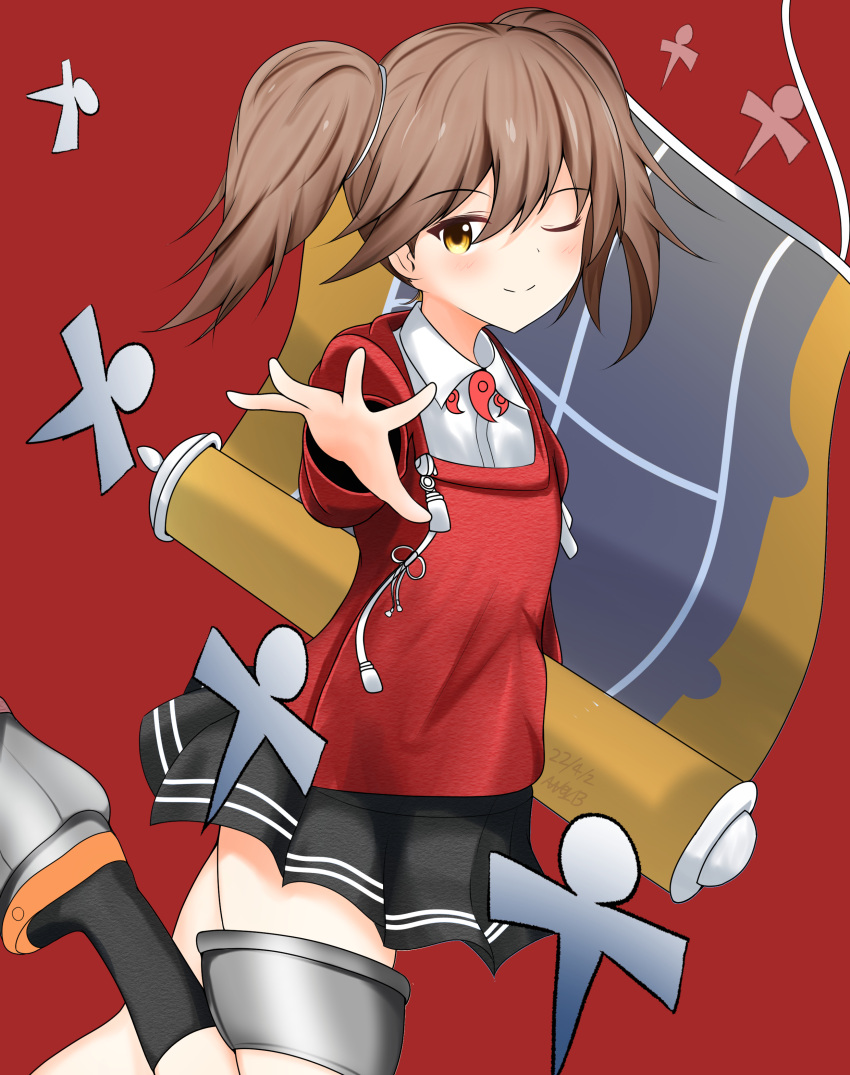 1girl abataa absurdres black_skirt brown_hair collared_shirt commentary_request dress_shirt flight_deck highres japanese_clothes kantai_collection kariginu long_hair looking_at_viewer magatama one_eye_closed pleated_skirt red_background ryuujou_(kancolle) scroll shikigami shirt skirt solo twintails