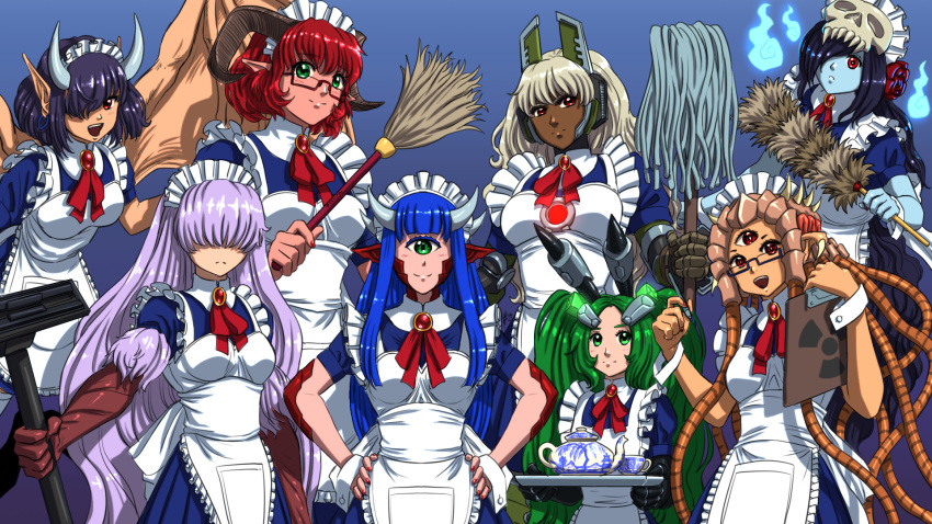 6+girls :d bangs baron_of_hell bfg_9000_(personification) black-framed_eyewear black_hair blonde_hair blood_(game) blue_hair blue_skin brooch broom cacodemon colored_skin commentary covered_eyes cup cyclops dark-skinned_female dark_skin demon_girl doom_(series) doom_eternal duke_nukem_3d duster extra_eyes frown glasses green-framed_eyewear green_eyes green_hair hair_over_eyes hair_over_one_eye hands_on_hips highres hitodama holding holding_notepad holding_pen horns jewelry light_purple_hair long_hair looking_at_viewer maid maid_headdress mechanical_arms monster_girl mop multiple_girls nail_polish neck_ribbon notepad one-eyed pen personification phantasm_(blood) pointy_ears quake radiation_symbol red_eyes red_nails red_ribbon redhead ribbon scales semi-rimless_eyewear shambler short_hair short_sleeves skull_on_head smile substance20 teapot tentacle_hair third_eye tray under-rim_eyewear vacuum_cleaner wings wrist_cuffs