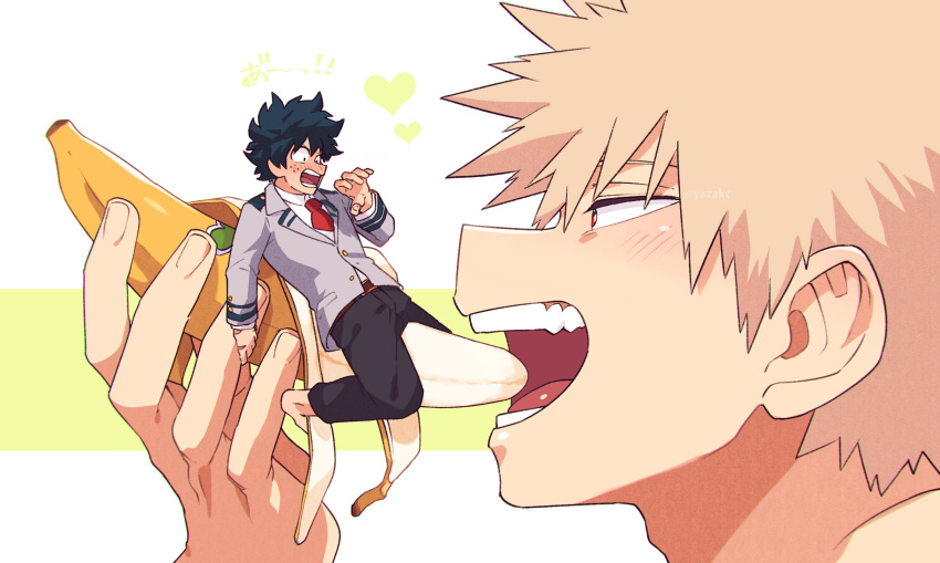 2boys adam's_apple alarmed bakugou_katsuki banana bangs barefoot blonde_hair boku_no_hero_academia close-up food freckles fruit full_body green_hair hand_up heart highres holding holding_food implied_yaoi looking_at_another looking_down male_focus midoriya_izuku multiple_boys multiple_scars naughty_face necktie open_mouth profile red_eyes red_necktie riding scar_on_hand scared school_uniform short_hair size_difference spiky_hair teeth tongue twitter_username two-tone_background u.a._school_uniform white_background yazakc yellow_background