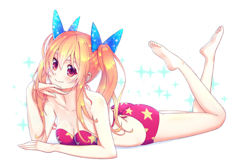 1girl bangs bare_arms bare_legs bikini blonde_hair blue_bow bow breasts collarbone commentary_request crossed_legs feet full_body hair_bow highres ktl_(kuoting) large_breasts long_hair looking_at_viewer lying on_stomach original pink_bikini pink_eyes print_bikini sidelocks solo sparkle star_(symbol) star_print swimsuit the_pose