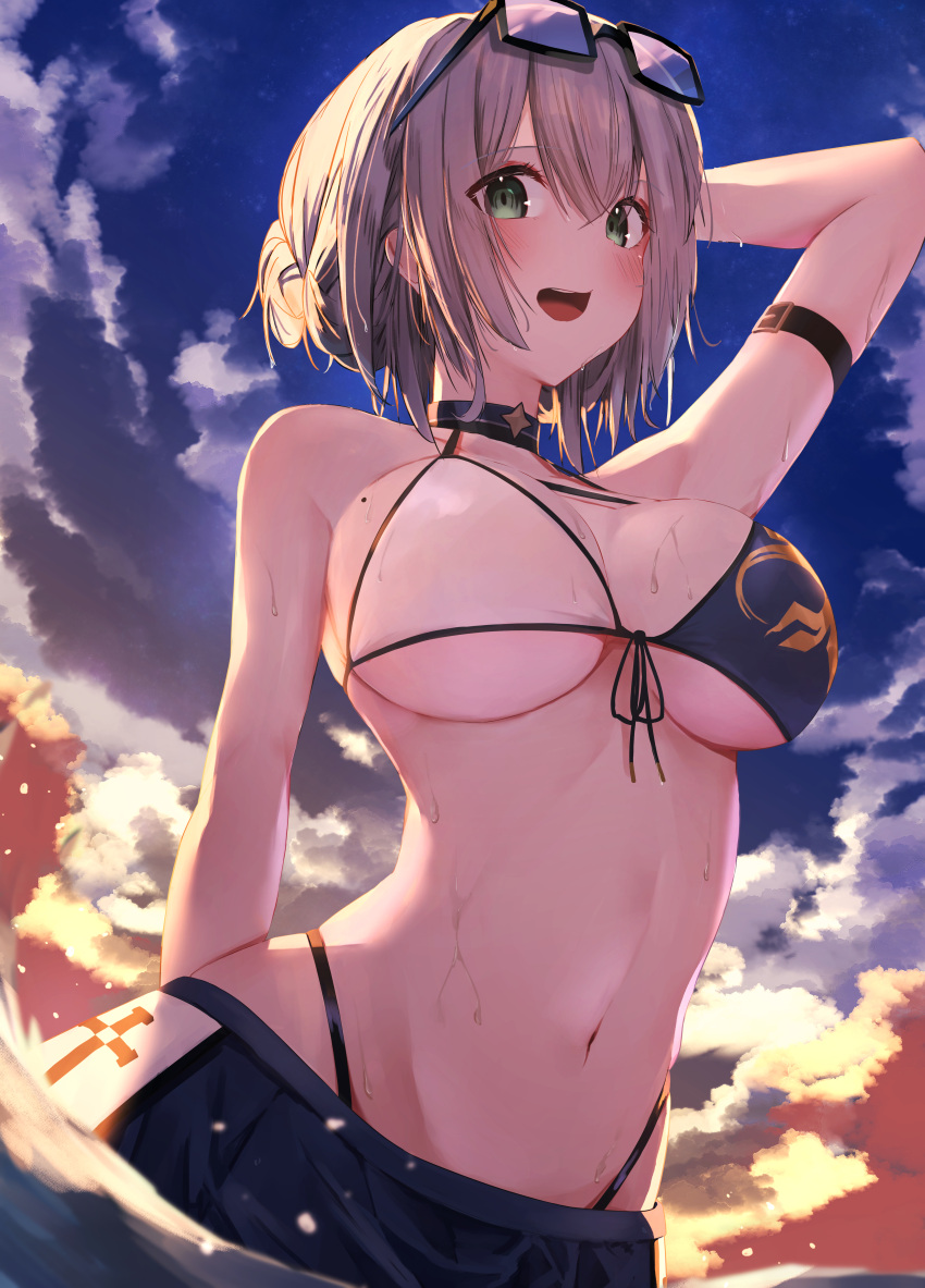 1girl absurdres arm_behind_back arm_strap bikini blue_skirt blue_sky blush breasts choker clouds eyewear_on_head front-tie_top glasses green_eyes grey_hair hair_bun highres hololive large_breasts looking_at_viewer mikaku mole mole_on_breast navel open_mouth shirogane_noel short_hair skirt sky solo stomach swimsuit two-tone_bikini under_boob virtual_youtuber wading water wet