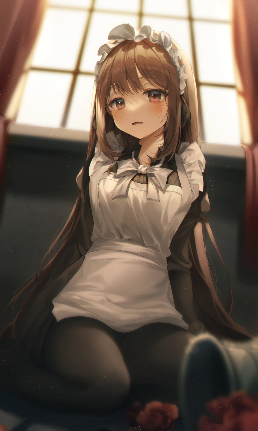 1girl absurdres apron bangs blurry blurry_background blurry_foreground blush bow bowtie brown_hair curtains day depth_of_field duyu eyebrows_visible_through_hair frilled_apron frills hair_between_eyes highres light_particles long_hair looking_at_viewer maid maid_apron maid_headdress mouth open_mouth sitting solo sunlight sweat white_bow white_bowtie window yokozuwari