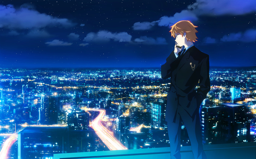 1boy blonde_hair city_lights cityscape formal highres holding holding_phone hunter_x_hunter looking_down luclu03 male_focus night night_sky outdoors pariston_hill phone sky smile solo suit talking_on_phone