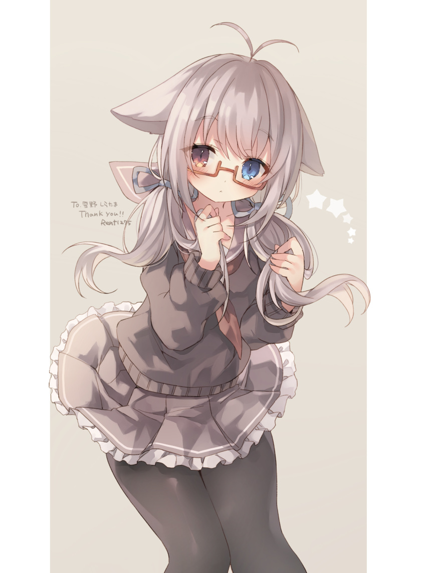 absurdres ahoge animal_ears blue_eyes glasses highres non-web_source pantyhose red_eyes rento_(rukeai) school_uniform sweater twintails