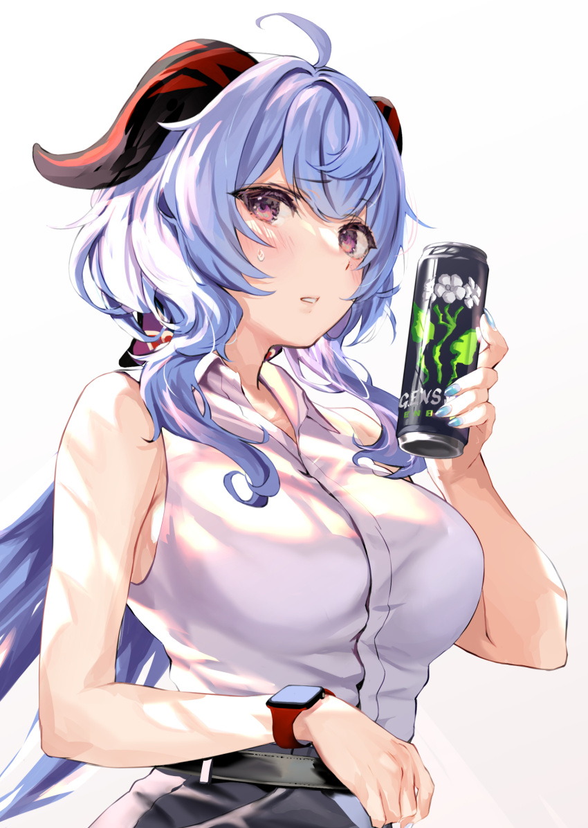 1girl ahoge bangs bare_shoulders blue_hair blush breasts can energy_drink ganyu_(genshin_impact) genshin_impact highres horns large_breasts long_hair looking_at_viewer solo temir violet_eyes